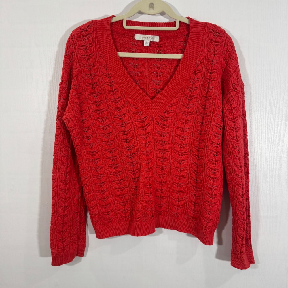 Anthropologie Flat White V-Neck
Red Cotton Pointelle Women Sweater Size XL